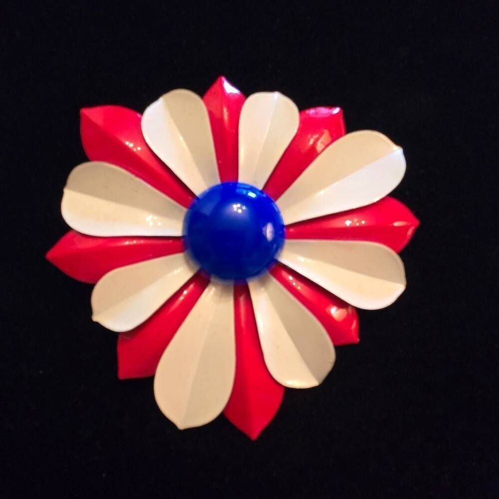 Vintage Enamel Flower Brooch Pin Red White Blue